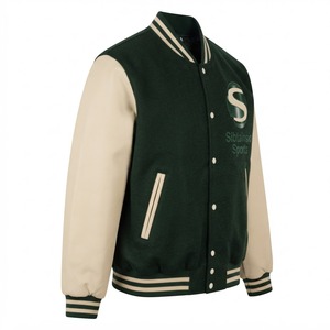 Chaqueta Letterman Verde Crema con Mangas en Contraste, Cuello y Puños de Punto Acanalado a Rayas, Cintura Alta, Chaqueta de Hombre Personalizada al por Mayor de Alta Calidad - Product Image 6