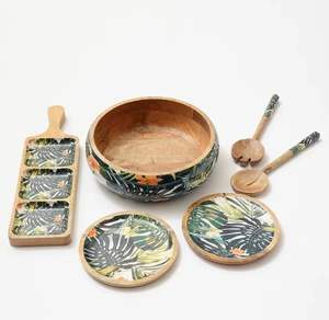 Ensemble de service complet en bois imprimé émaillé, écologique, artisanal, bol, plateau, cuillères pour le ramadan, mariage, diwali, repas - Product Image 1