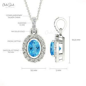 Pendentif pavé de pierres précieuses ovale en or 14K avec topaze bleue suisse au design moderne Ensemble 1.5mm Diamant rond accentué Fournisseurs de gros - Product Image 4