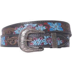 Ceintures à fleurs en cuir véritable Western usiné à la main et peint à la main Ceintures unisexes en cuir véritable usiné à la main - Product Image 3