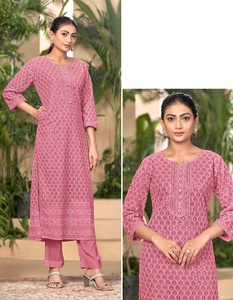 Tissu Georgette Lucknowi Work Chikankari Kurtis pour femme avec intérieur en vente en ligne - Product Image 1