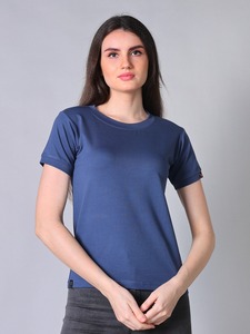T-shirt élégant pour femmes, col extensible, manches courtes, tissu en toile bleu clair, 100% coton, tailles grandes, t-shirts pour femmes - Product Image 2