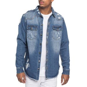 Chemises en denim délavé vintage pour hommes, manteau en coton boutonné classique de style High Street, vestes pulls pour l'extérieur et le streetwear - Product Image 2