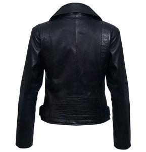 Blouson moto en cuir véritable pour femme, col rabattu, fermeture éclair, manches longues, style motard, couleur unie, idéal pour l'automne - Product Image 4