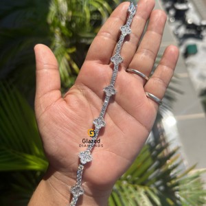 Nueva moda redonda brillante laboratorio cultivado VVs diamantes D incoloro completamente helado trébol de tenis Hip Hop pulsera 10K oro blanco - Product Image 1