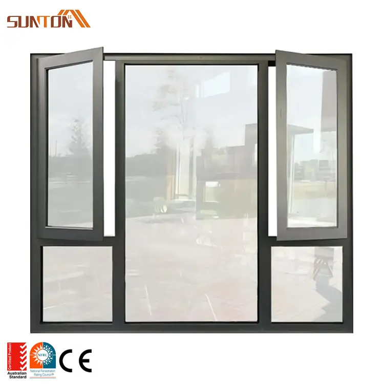 Fenêtre battante en aluminium personnalisée Fenêtres modernes à battant en verre trempé à double vitrage avec cadre en aluminium mince avec poignée cachée