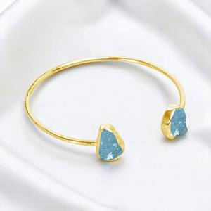 Gold Collet Raw Aquamarine Birthstone Cuff Bangle 925 Silver Stackable Fashion Bangle for Women with Natural Rough Gemstone - Product Image 1