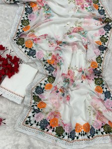 Blanco Bollywood Indian Boutique Exportación Georgette Tela Bordado Fancy Saree Último Exclusivo Étnico Nupcial Fiesta Desgaste Rápido - Product Image 6