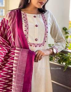 Indian Export Quality Beautiful <b>Dress</b> Latest Khadi Cotton Kurti Pant & Dupatta With Embroidery Work Wide Exporter and Supplier - Product Image 3