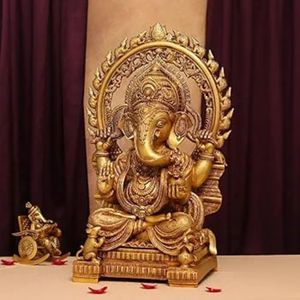 Estatua de ídolo Ganesha dorada hecha a mano de 9 pulgadas, diseño tradicional, pieza decorativa de latón para decoración de hogar, oficina o templo - Product Image 2