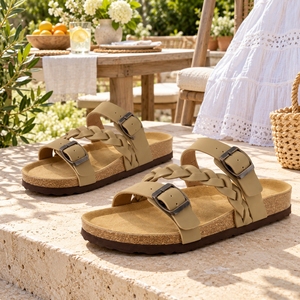 Khaki Braided Flat <b>Sandals</b> <b>for</b> <b>Women</b> with Adjustable Double Buckles, Contoured Footbed and Open Toe <b>for</b> <b>Beach</b> Vacation Outfits - Product Image 2