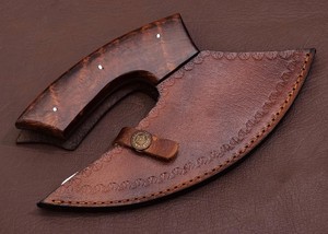 Couteau Ulu Alaskan en acier 12c27 de Nordic Forge, fourreau en cuir, manche en bois de rose forgé sur mesure, couteau de cuisine industriel, fabrication artisanale, OEM - Product Image 4