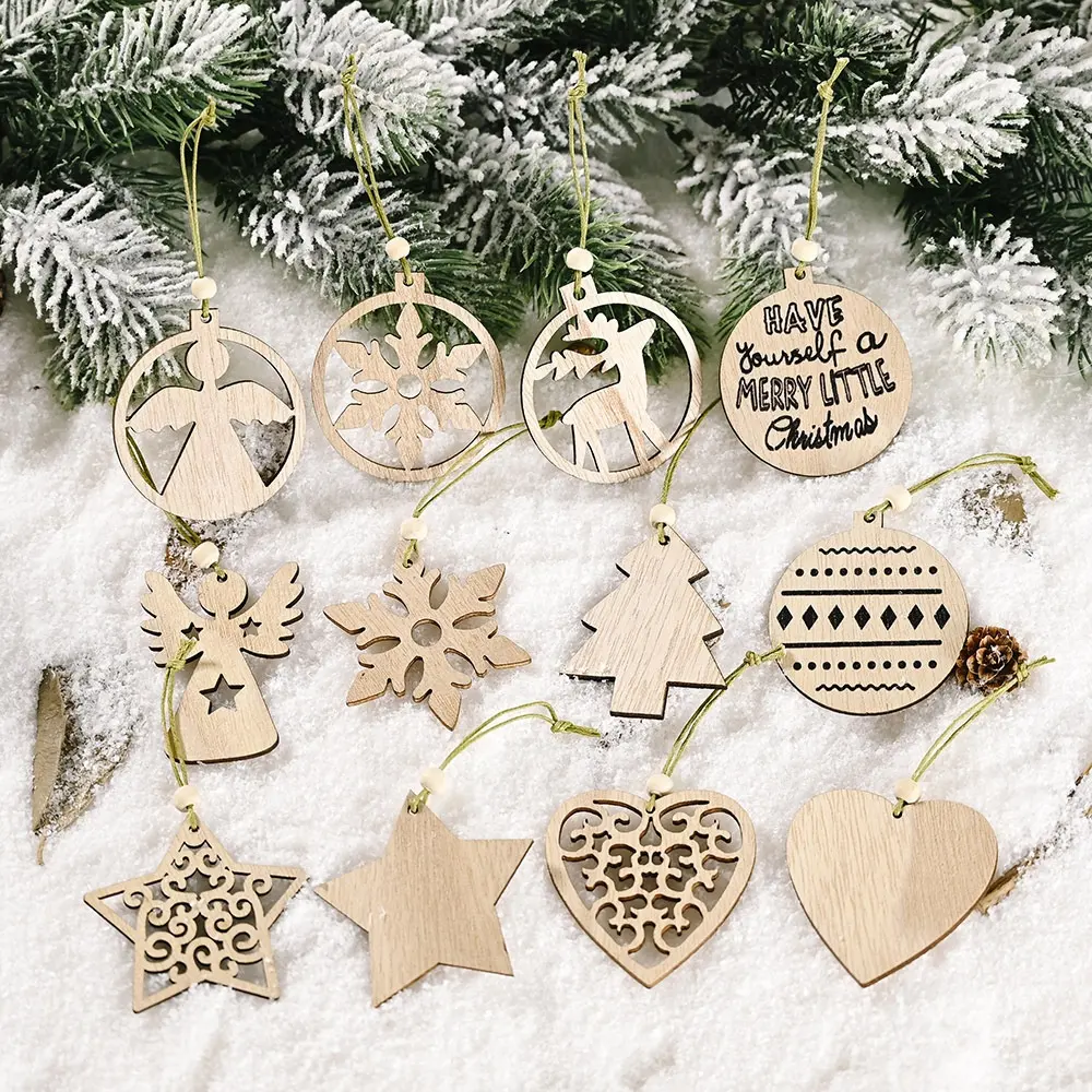 Houten Kerstboom Opknoping Decoraties Hangers Versierd Handgemaakte Lasersnijden Houten Kerstboom Ornamenten