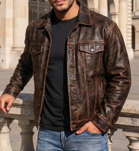 Veste en cuir véritable pour homme, col rabattu, style décontracté, vêtement d'automne, fermeture à boutons, coupe classique, couleur unie - Product Image 1
