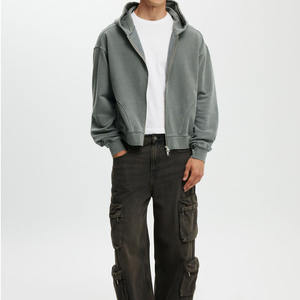 MOVATEXTILE Basics Charcoal Grey Washed <b>Zip</b>-<b>Up</b> Style Oversized <b>Cropped</b> StreetwearVintage Look Outerwear Men Short Length <b>Hoodies</b> - Product Image 5