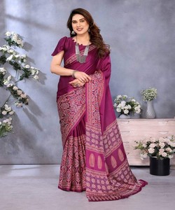 MODERNO SEMI GAJI AJRAKH LAGDI TRABAJO SAREE CON BLUSA DESCOSTADA ROPA DE BODA PRECIO AL POR MAYOR ROPA ÉTNICA PÚRPURA - Product Image 1