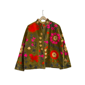Velvet Embroidered Suzani Floral <b>Jacket</b> <b>Mandarin</b> <b>Collar</b> Full Sleeve Prairie Chic Autumn Women's Outerwear Handcrafted - Product Image 3
