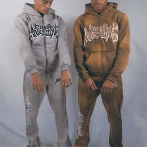 Ensemble de survêtement unisexe à capuche en molleton 100 % coton, coupe streetwear, taille 4XL, pour l'automne, avec veste coupe-vent à manches longues et pantalon - Product Image 1