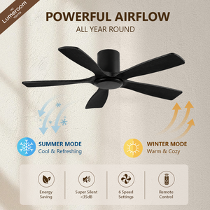 60 Inch Black Ceiling Fan Without <b>Light</b>, 5 Solid Wood Blades, Flush Mount Design, Reversible DC Motor for Bedroom - Product Image 2