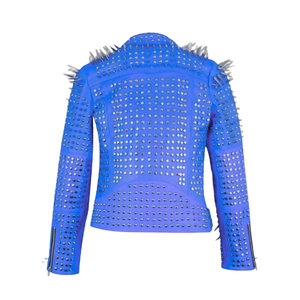 Chaqueta de cuero con tachuelas largas hechas a mano para mujer, chaquetas de moda de cuero genuino estilo motorista para mujer - Product Image 4