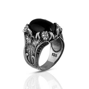Anillo Azuris turco de plata de ley 925 para hombre, joyería de estilo otomano, piedra natural negra, hecho en Turquía, VALKH1410 - Product Image 2