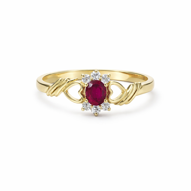 Wholesale Royal Heart Bloom Ruby Halo Ring Diamond Love Heart Ruby Ring in 10K 14K Solid Gold Lab Diamond July Birthstone Gift