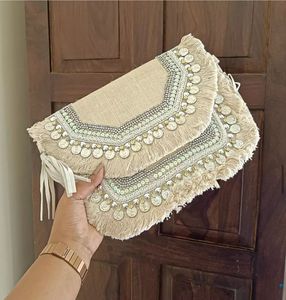 <b>Navy</b> blue jute embroidery <b>clutch</b> <b>bag</b> silver coin fringe tassel ethnic boho purse women summer beach party envelope evening - Product Image 5