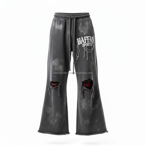 Lujo 380 GSM Hombres Jogger Pantalones Tela de lana suave Athletic Street Loose Fit Diseño desgastado Logotipo personalizado pantalones de hombre lavados - Product Image 1