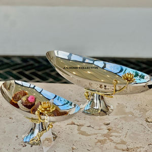 Shiny Mirror Polish Stainless Steel Metal With Gold Flower Design Decorative Standing <b>Bowl</b> Pairs Of 2 Fruit & <b>Dessert</b> Serving - Product Image 1