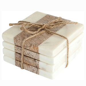 Natural Marble and Wood <b>Coasters</b> Double-Shaded Square <b>Coaster</b> Tabletop Decor Stone <b>Coaster</b> for Wedding Set of 4 - Product Image 1
