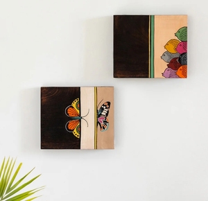 Paire papillon-poisson décoration murale peinte à la main suspendue en bois de manguier décoration murale en bois sculpté à la main pour ferme et style campagnard - Product Image 2