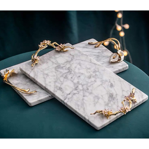 Modern White Marble Serving Tray Gold Twisted Leaf Metal Handles Elegant Decorative Tabletop Kitchenware for Wedding Home Decor - Product Image 6