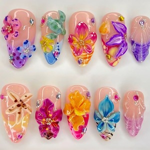 NBL-JX-195 <span class=keywords><strong>Uñas</strong></span> Postizas con Diseño de Flores Tropicales, 30 Piezas, Estilo Hawaiano 3D, <span class=keywords><strong>Uñas</strong></span> Postizas Reutilizables de Verano, Venta al por Mayor - Product Image 1