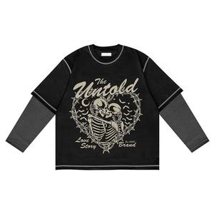 เสื้อยืดคอกลมแขนสองชั้นสำหรับผู้ชาย, ผ้าฝ้าย100% พิมพ์ลายย้อมสีล้วนสำหรับฤดูร้อนฤดูใบไม้ร่วง - Product Image 4