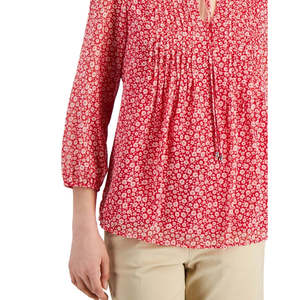 Top da donna Tommy Hilfiger rosso con stampa floreale e arricciature, taglia M, in raso chiffon, casual per primavera/estate - Product Image 3