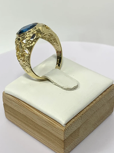 Bague bleue Style pépite véritable or massif 10k or jaune massif couleur homme pierre forme bague pépite ovale pierre saphir - Product Image 3