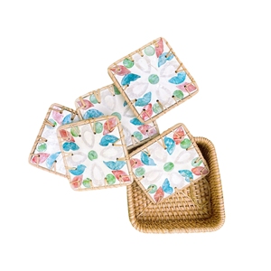 Tienphong 2024 rotin tissé à la main fait à la main avec incrustation de nacre bleu rose 6 pièces sous-verres avec support - Product Image 1