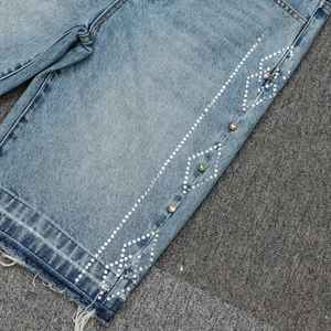 2025 New Fashion Streetwear Custom Summer OEM Vintage Wash Jorts <b>Men</b> <b>Jeans</b> Shorts with Rhinestones Denim Shorts - Product Image 6