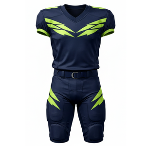 Ensemble d'uniformes de football américain professionnel bleu marine et néon, maillot de performance personnalisé avec graphisme d'ailes sublimé et pantalon rembourré - Product Image 1