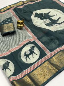 ส่าหรีผ้าฝ้ายเนื้อนุ่มสวยงามมีดีไซน์คาลม์คาริทั้งหมดพร้อมขอบเจคโครด - Product Image 2