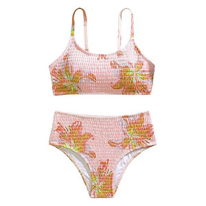 Ensemble de bikini 2 pièces pour femmes, imprimé floral, taille haute froncée, extensible, en spandex et polyester, maillot de bain imprimé numérique, vêtements de plage - Product Image 1