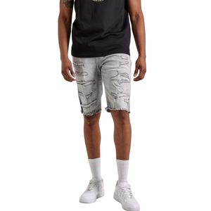 Pantalones Cortos de Mezclilla Gris Claro para Hombre, Desgastados, con Cinco Bolsillos, Casuales, de Verano, con Dobladillo Deshilachado, Lavados, Estilo Urbano, Corte Regular - Product Image 1
