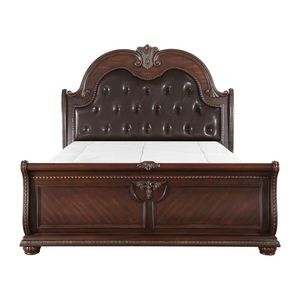 Cama de plataforma de madera maciza de diseño tradicional de caoba marrón antiguo clásica y duradera con características talladas a mano-5 piezas - Product Image 4