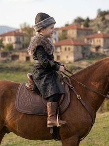 Costume traditionnel ottoman Ertugrul Gazi pour enfants avec col en fourrure - Bleu foncé, tenue de circoncision turque, kaftan royal pour mariage - Product Image 2
