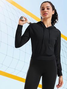 Sudadera Corta con Capucha para Mujer, Color Negro Sólido, Manga Larga, Tejido de Poliéster, para Otoño - Product Image 2