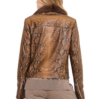 Nouvelle veste en cuir de python marron pour femme, veste de motard en cuir gaufré à imprimé serpent avec fausse fourrure, ODM personnalisé 2026