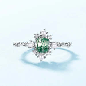 Vintage 925 Sterling Silver And <b>Gold</b> Women's Wedding Engagement <b>Ring</b> Oval Moss Green Agate <b>Cubic</b> <b>Zirconia</b> Gemstone Pearl <b>Rings</b> - Product Image 3