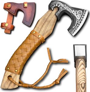 Handmade Viking <b>Axe</b> with Leather Sheath Carbon Steel Blade Leather Wrapped Ash <b>Wood</b> Handle Hand Forged <b>Axe</b> for Camping & Out - Product Image 1