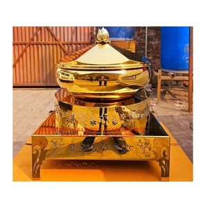 Servidor de buffet de plato de frotamiento chapado en oro de acero inoxidable redondo de diseño fantástico con soporte decorativo y tapa Precio razonable - Product Image 1