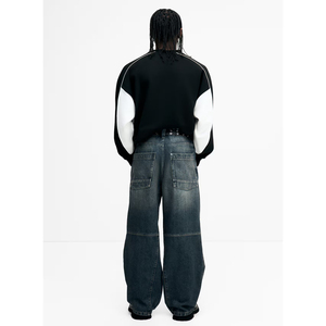 กางเกงยีนส์เดนิมทรงแบ็กกี้ฟิตแบบสตรีทสไตล์สำหรับผู้ชาย กางเกงยีนส์ทรงไบค์เกอร์ขายาวทรงกระบอก กางเกงยีนส์ทรงขาบานแบบยืดสไตล์ไฮสตรีท - Product Image 3